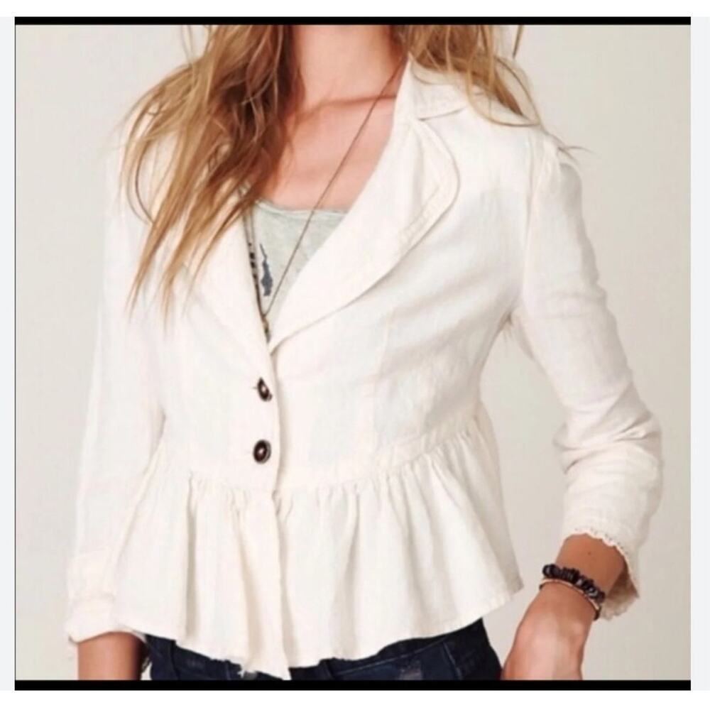 Free People Womens Linen Blazer Renfaire Romantic Cottagecore‎ Cream Ruffle Boho